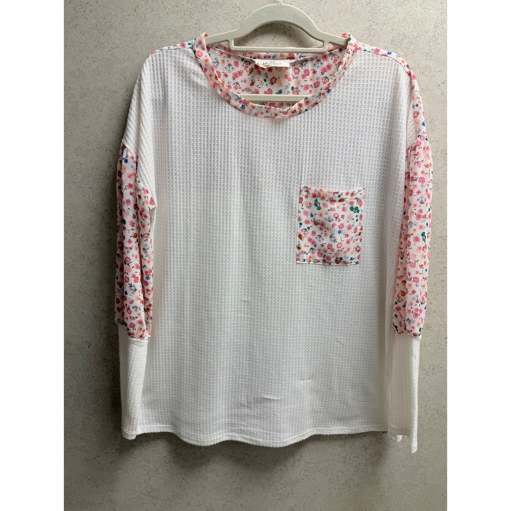 Hopley Womens Waffle Knit Floral Pocket Boho Festival Ballon Sleeve Blouse